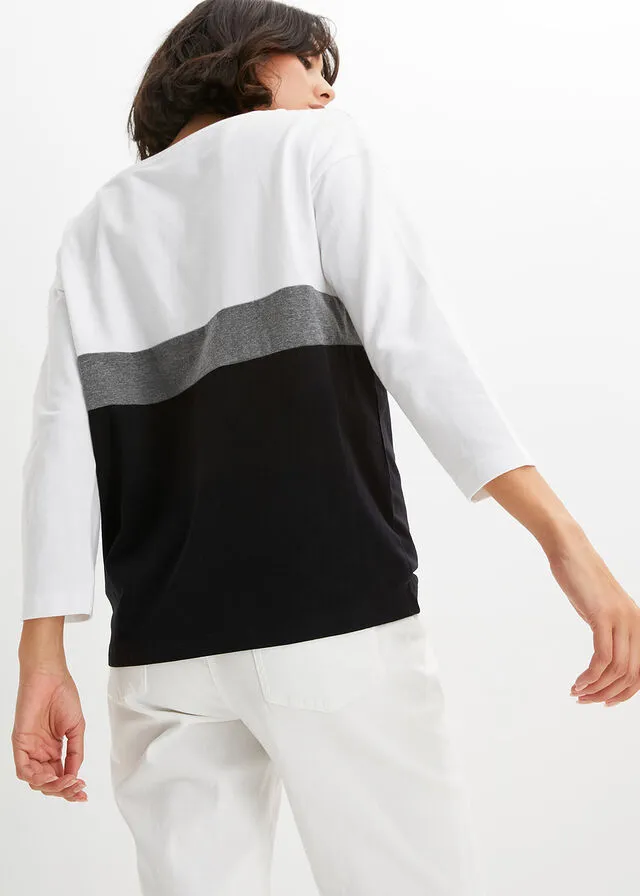 Camiseta de manga larga Blanco + gris jaspeado + negro