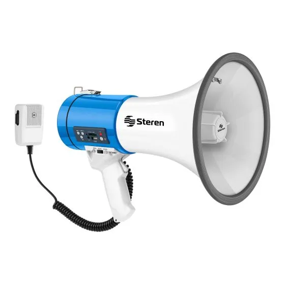 Megáfono de 25 W con reproductor MP3, AUX 3,5 mm y micrófono tipo patrullero
