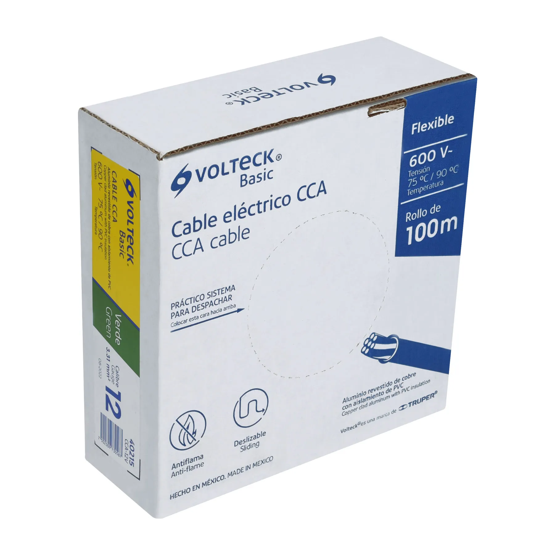 Rollo de 100 metros de cable THW CCA 12 AWG verde
